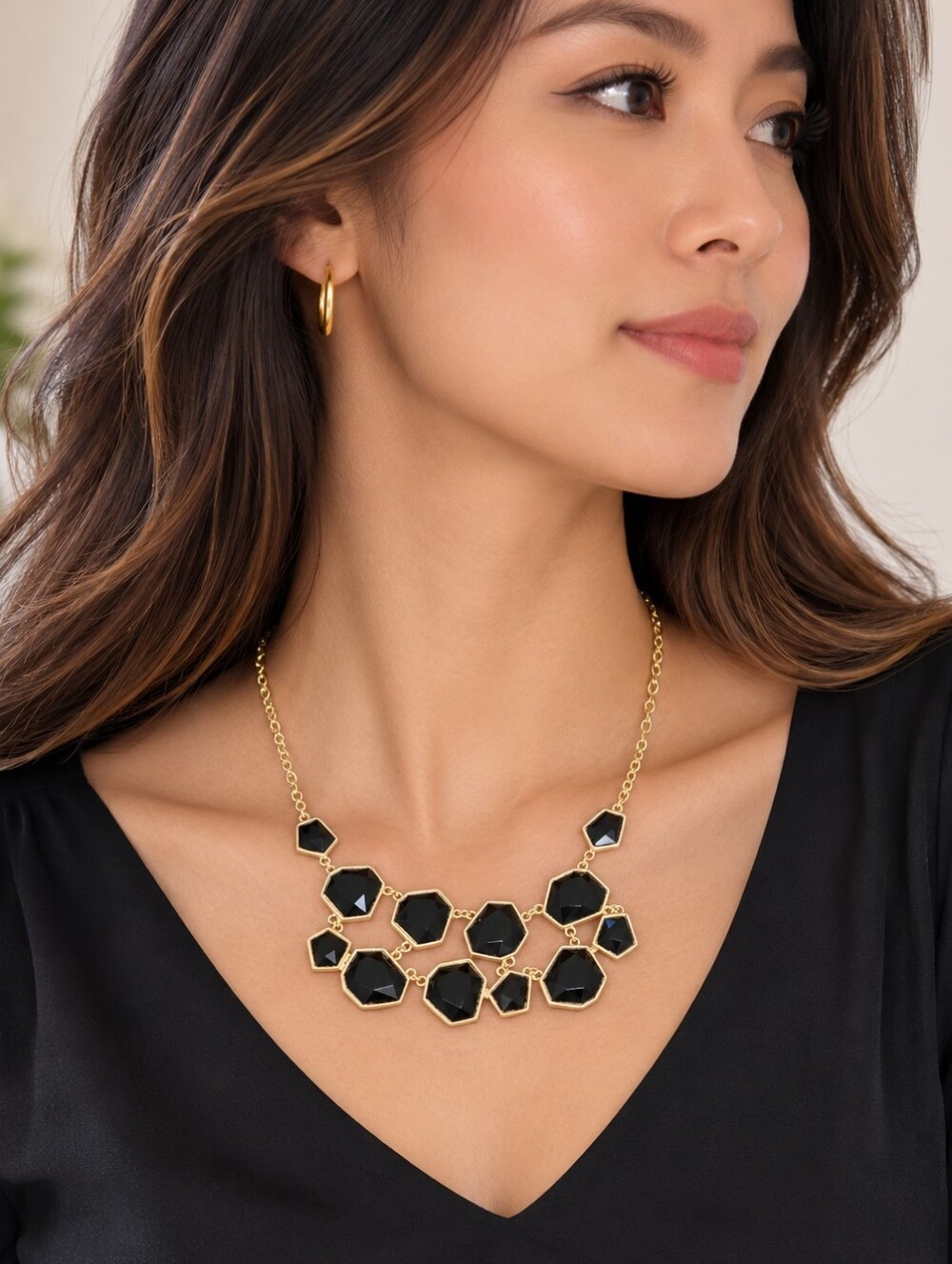 Gold Tone Black Geo Statement Necklace by